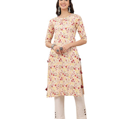 Kimayra Rayon Calf Length Printed 3/4 Sleeve Round Neck Straight Kurta