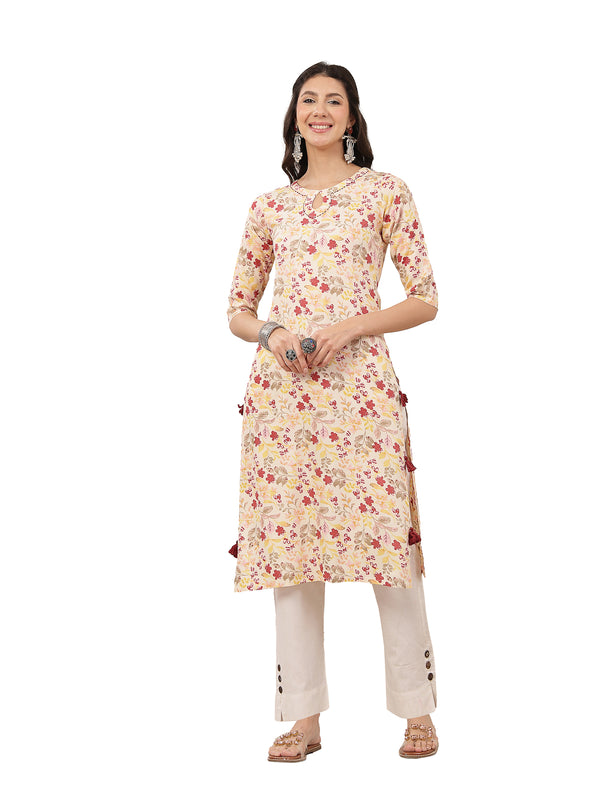 Kimayra Rayon Calf Length Printed 3/4 Sleeve Round Neck Straight Kurta