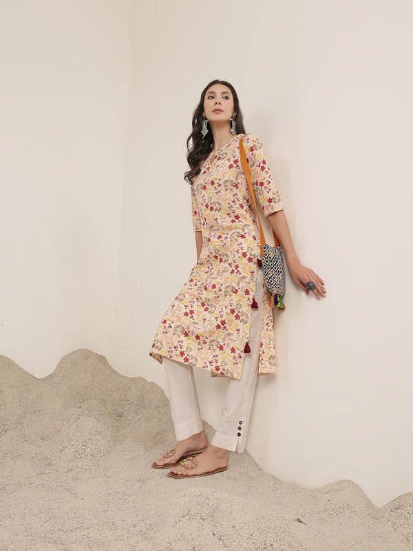 Kimayra Rayon Calf Length Printed 3/4 Sleeve Round Neck Straight Kurta