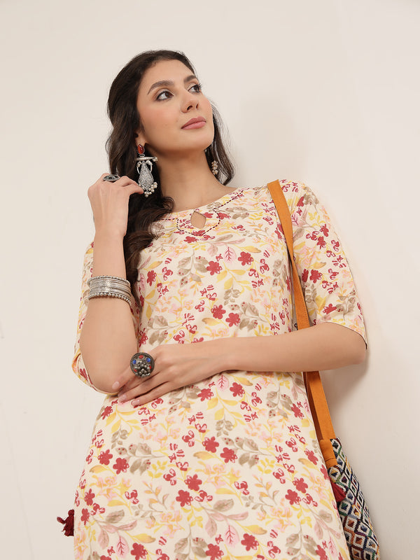 Kimayra Rayon Calf Length Printed 3/4 Sleeve Round Neck Straight Kurta