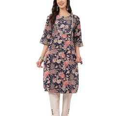 Kimayra  Calf Length Printed 3/4 Sleeve Round Neck Straight Kurta