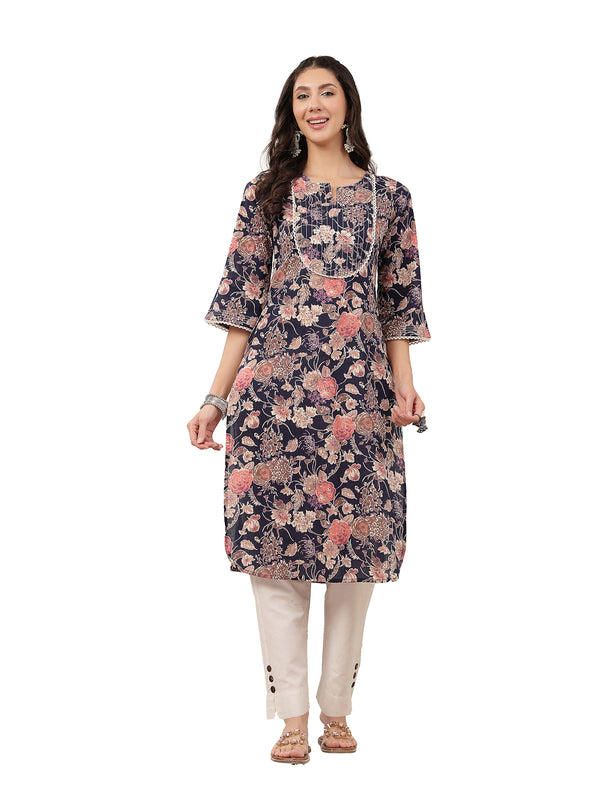 Kimayra  Calf Length Printed 3/4 Sleeve Round Neck Straight Kurta