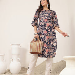 Kimayra  Calf Length Printed 3/4 Sleeve Round Neck Straight Kurta