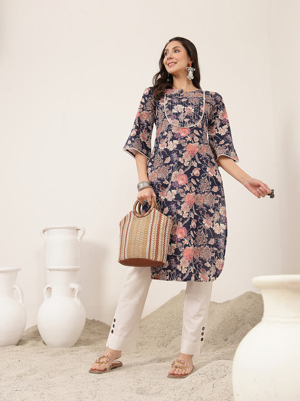 Kimayra  Calf Length Printed 3/4 Sleeve Round Neck Straight Kurta