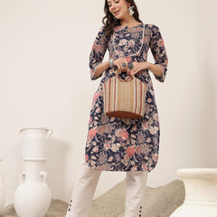 Kimayra  Calf Length Printed 3/4 Sleeve Round Neck Straight Kurta