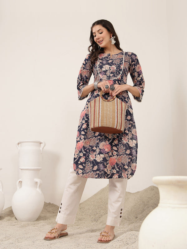Kimayra  Calf Length Printed 3/4 Sleeve Round Neck Straight Kurta