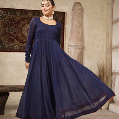 Kimayra Cotton Calf Length Printed Full Sleeves Round Neck Anarkali Kurta Suit Set