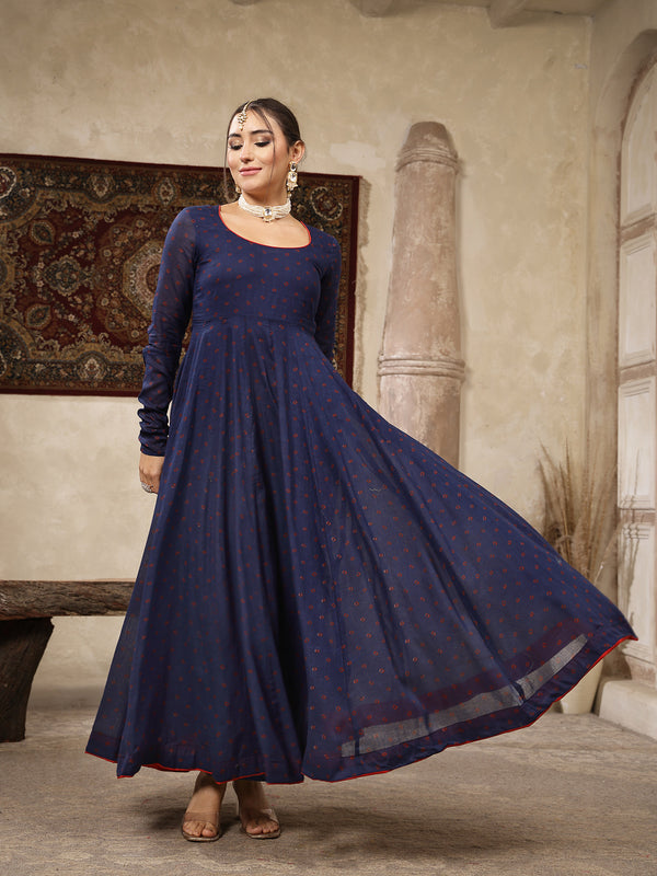 Kimayra Cotton Calf Length Printed Full Sleeves Round Neck Anarkali Kurta Suit Set