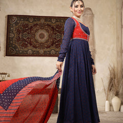 Kimayra Cotton Calf Length Printed Full Sleeves Round Neck Anarkali Kurta Suit Set