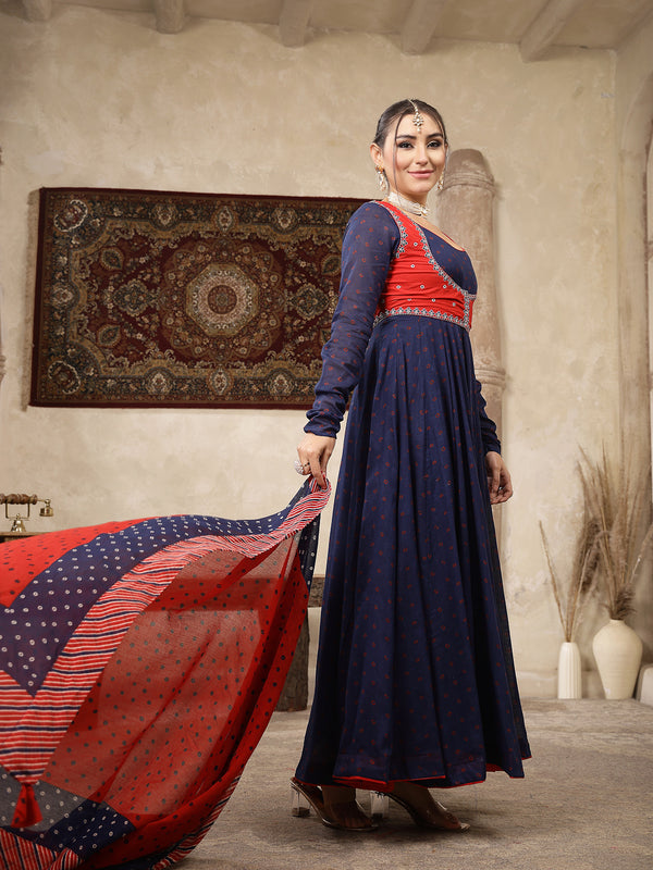 Kimayra Cotton Calf Length Printed Full Sleeves Round Neck Anarkali Kurta Suit Set