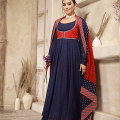 Kimayra Cotton Calf Length Printed Full Sleeves Round Neck Anarkali Kurta Suit Set