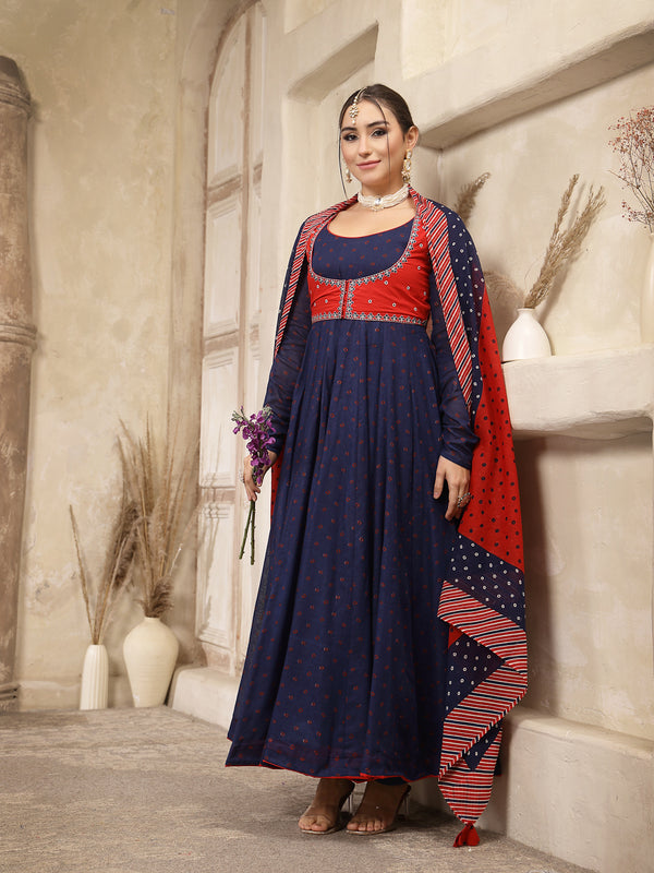 Kimayra Cotton Calf Length Printed Full Sleeves Round Neck Anarkali Kurta Suit Set