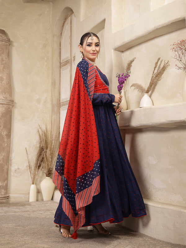 Kimayra Cotton Calf Length Printed Full Sleeves Round Neck Anarkali Kurta Suit Set