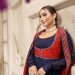 Kimayra Cotton Calf Length Printed Full Sleeves Round Neck Anarkali Kurta Suit Set