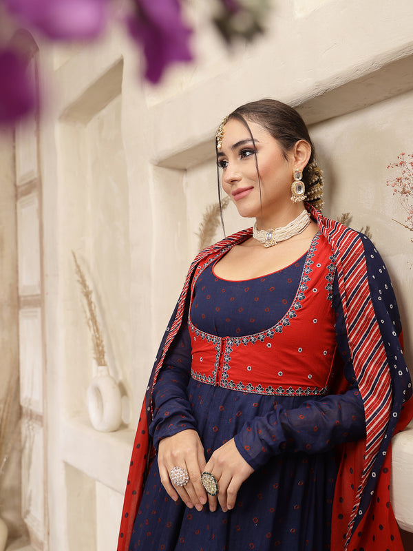 Kimayra Cotton Calf Length Printed Full Sleeves Round Neck Anarkali Kurta Suit Set