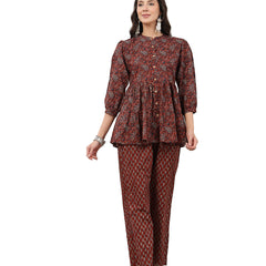 Kimayra Cotton Hip Length Printed 3/4 Sleeve Mandarin Collar Flared Kurta Suit Set