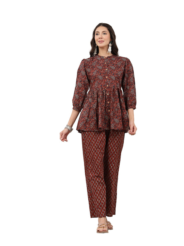 Kimayra Cotton Hip Length Printed 3/4 Sleeve Mandarin Collar Flared Kurta Suit Set