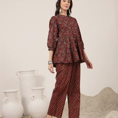 Kimayra Cotton Hip Length Printed 3/4 Sleeve Mandarin Collar Flared Kurta Suit Set