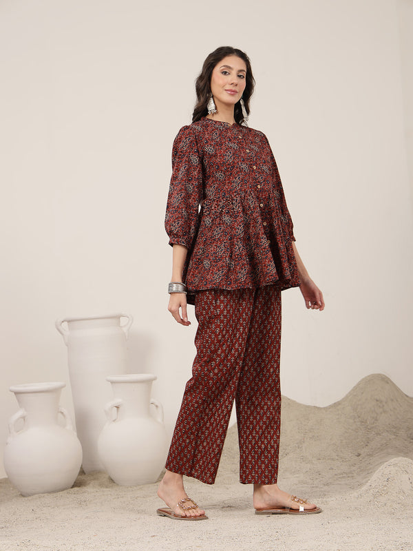 Kimayra Cotton Hip Length Printed 3/4 Sleeve Mandarin Collar Flared Kurta Suit Set