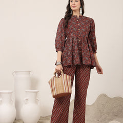 Kimayra Cotton Hip Length Printed 3/4 Sleeve Mandarin Collar Flared Kurta Suit Set
