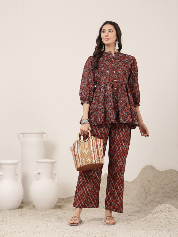 Kimayra Cotton Hip Length Printed 3/4 Sleeve Mandarin Collar Flared Kurta Suit Set