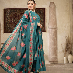 Kimayra Cotton Calf Length Printed 3/4 Sleeve Round Neck Flared Kurta Suit Set