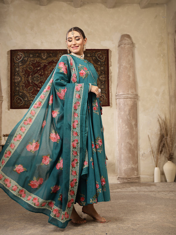 Kimayra Cotton Calf Length Printed 3/4 Sleeve Round Neck Flared Kurta Suit Set