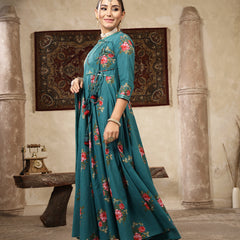 Kimayra Cotton Calf Length Printed 3/4 Sleeve Round Neck Flared Kurta Suit Set