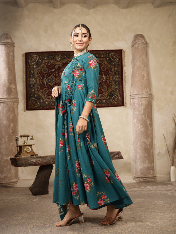 Kimayra Cotton Calf Length Printed 3/4 Sleeve Round Neck Flared Kurta Suit Set