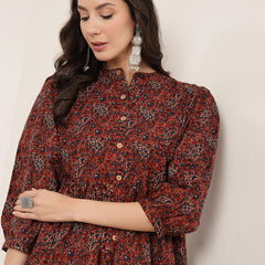Kimayra Cotton Hip Length Printed 3/4 Sleeve Mandarin Collar Flared Kurta Suit Set