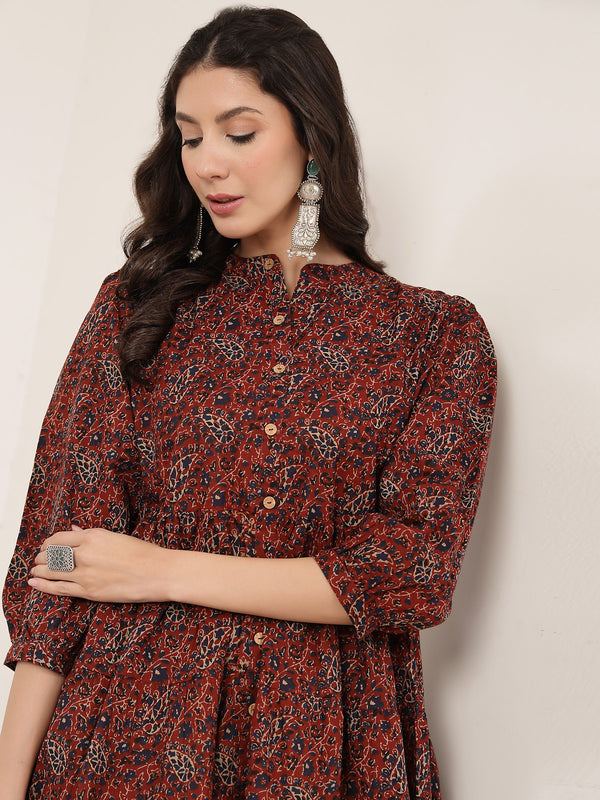 Kimayra Cotton Hip Length Printed 3/4 Sleeve Mandarin Collar Flared Kurta Suit Set