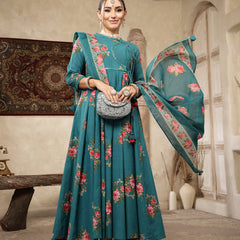 Kimayra Cotton Calf Length Printed 3/4 Sleeve Round Neck Flared Kurta Suit Set