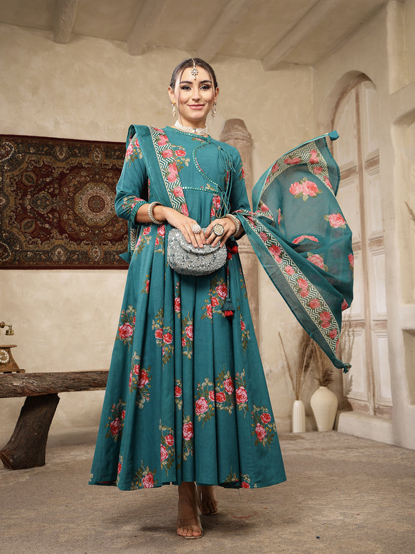 Kimayra Cotton Calf Length Printed 3/4 Sleeve Round Neck Flared Kurta Suit Set