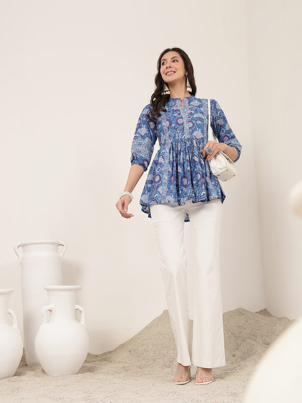 Kimayra  Hip Length Printed 3/4 Sleeve Mandarin Collar Flared Top