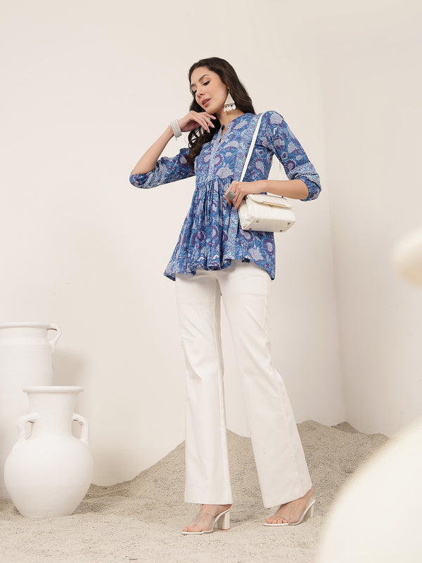 Kimayra  Hip Length Printed 3/4 Sleeve Mandarin Collar Flared Top