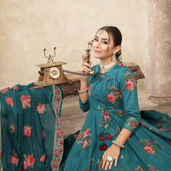 Kimayra Cotton Calf Length Printed 3/4 Sleeve Round Neck Flared Kurta Suit Set