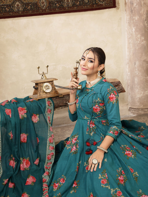 Kimayra Cotton Calf Length Printed 3/4 Sleeve Round Neck Flared Kurta Suit Set