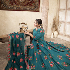 Kimayra Cotton Calf Length Printed 3/4 Sleeve Round Neck Flared Kurta Suit Set