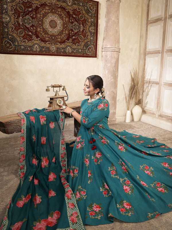 Kimayra Cotton Calf Length Printed 3/4 Sleeve Round Neck Flared Kurta Suit Set