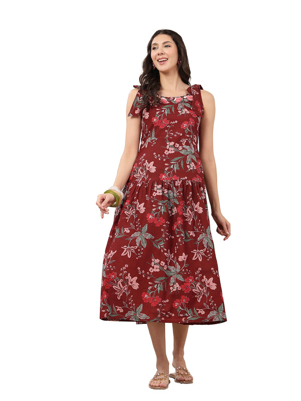 Kimayra Cotton Calf Length Printed Sleeveless Round Neck Flared Dress