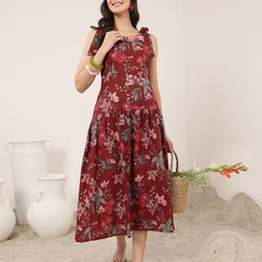 Kimayra Cotton Calf Length Printed Sleeveless Round Neck Flared Dress