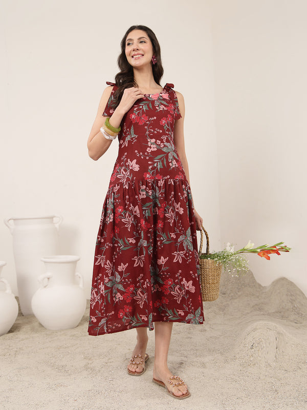 Kimayra Cotton Calf Length Printed Sleeveless Round Neck Flared Dress