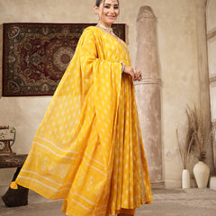 Kimayra Cotton Calf Length Printed 3/4 Sleeve V-Neck Flared Kurta Suit Set