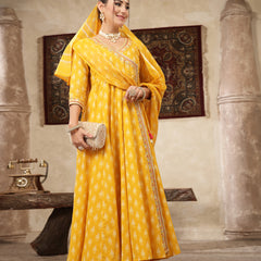 Kimayra Cotton Calf Length Printed 3/4 Sleeve V-Neck Flared Kurta Suit Set