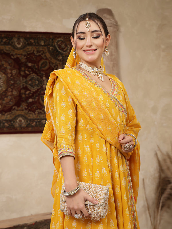 Kimayra Cotton Calf Length Printed 3/4 Sleeve V-Neck Flared Kurta Suit Set