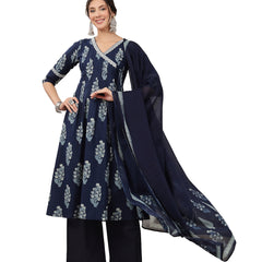 Kimayra Cotton Calf Length Printed 3/4 Sleeve V-Neck Flared Kurta Suit Set