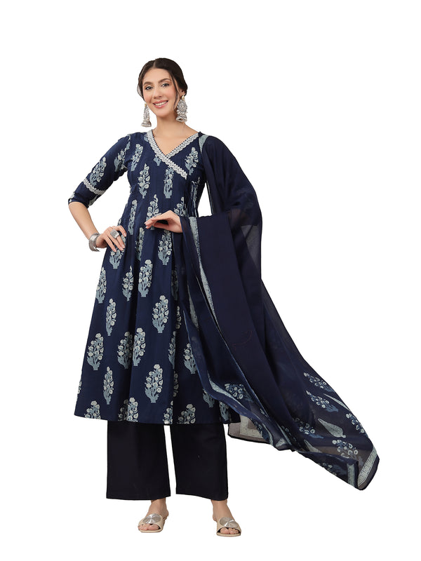 Kimayra Cotton Calf Length Printed 3/4 Sleeve V-Neck Flared Kurta Suit Set