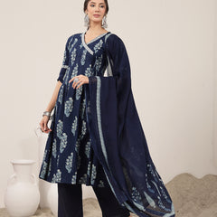 Kimayra Cotton Calf Length Printed 3/4 Sleeve V-Neck Flared Kurta Suit Set