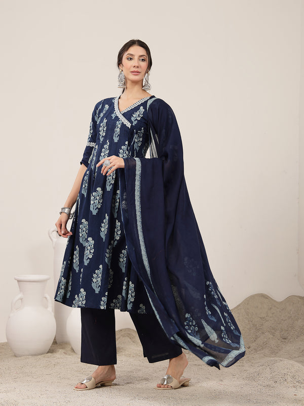 Kimayra Cotton Calf Length Printed 3/4 Sleeve V-Neck Flared Kurta Suit Set