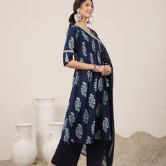 Kimayra Cotton Calf Length Printed 3/4 Sleeve V-Neck Flared Kurta Suit Set